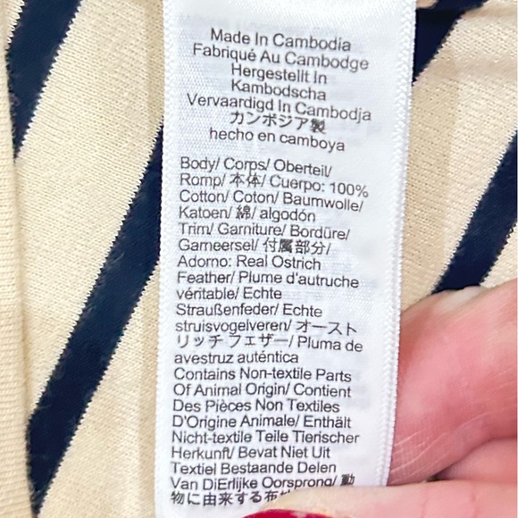 J.Crew Navy & Cream Striped long sleeved Top feather trim cuffs size small - Picture 11 of 11